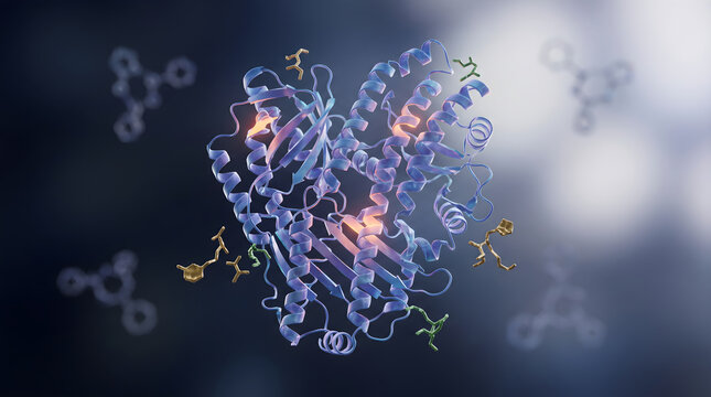 A 3d scientific illustration depicting the structure of the ace2 protein receptor with molecular models
