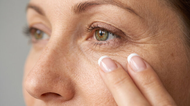 Close-up of a mature woman touching her eye area showing wrinkles, crow's feet and aging skin texture