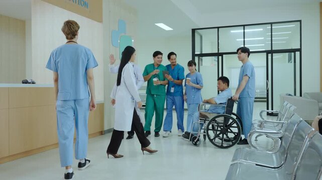 Hospital clinic waiting room reception nurse doctor patient wheelchair interior care feel modern bright clean calm with waiting moving helping gently proceeding quietly hopeful
