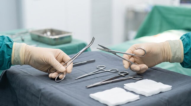 Gloved surgeon hands hold scissors and forceps over sterile tray with surgical tools in OR