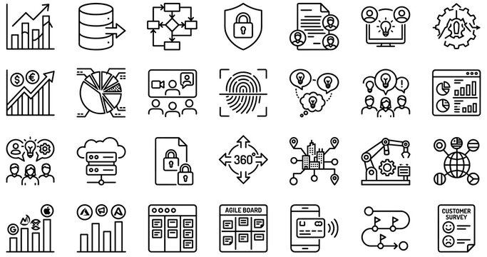 Business Management Data Analytics and Modern Technology Line Icon Set