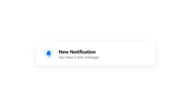 A large, centered modern UI notification popup enters smoothly from the right, settles precisely in the center with an attention-grabbing icon pulse, and gracefully exits to the right in a seamless lo