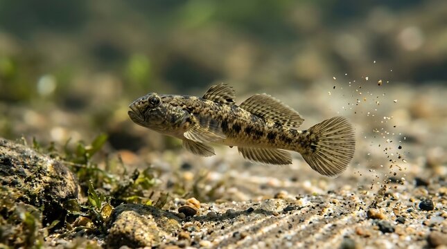 Small mottled goby fish swimming above sandy seabed with green algae in shallow water