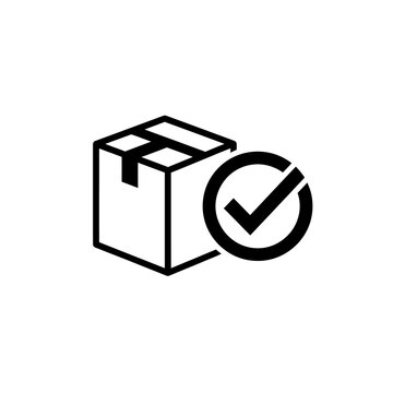Cardboard box package icon with check mark for delivery and shipping success