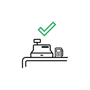 Minimalist cash register and card payment terminal icon with green checkmark