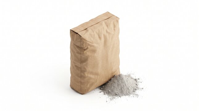 brown paper bag of cement with gray powder pile spilled, kraft sack of portland cement powder, construction building material package isolated on white background