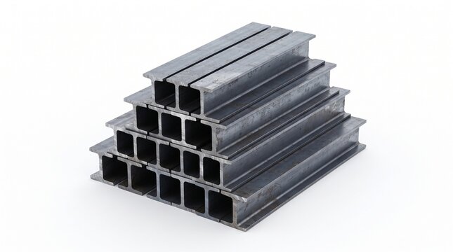 stacked steel I-beams, gray metal structural H beams pile, industrial construction girder material, heavy iron profile bars for building framework isolated on white background