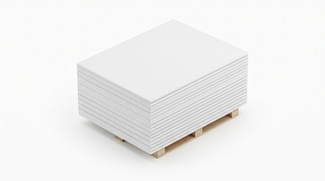 Stacked white gypsum drywall sheets, plasterboard panels pile on wooden pallet, flat rectangular wall construction material, interior building supply isolated on white background