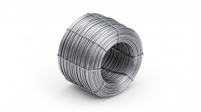 Coiled steel wire roll, galvanized binding wire spool, construction reinforcement metal, silver iron cable bundle wound circular isolated on white background