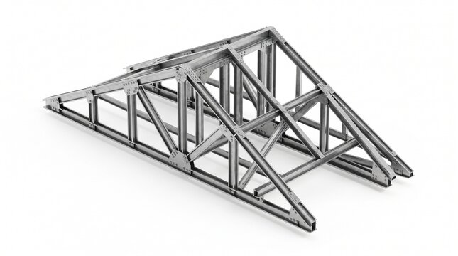 Steel roof truss frame structure, galvanized light gauge metal gable truss with bolted joints, industrial construction framework isolated on white background