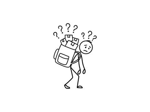 Tired stick figure walking with heavy backpack stuffed with parcel boxes and question marks on transparent background. For delivery overload, work stress, burnout, difficult job, and heavy burden.