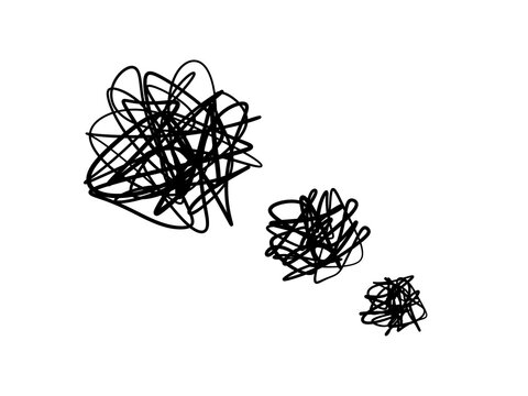 Hand drawn set of chaotic scribble tangles, mess lines, and confused doodle thoughts on transparent background. For mental chaos, stress, problem-solving, and brainstorming visual overlay.