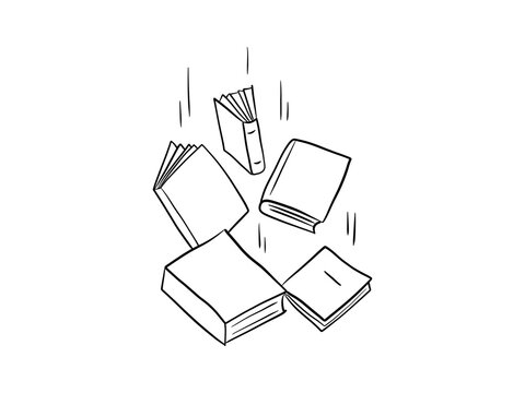 Hand drawn falling open paper books doodle illustration on transparent background. For education, reading, study, library, examination, knowledge overload, and back to school graphics.