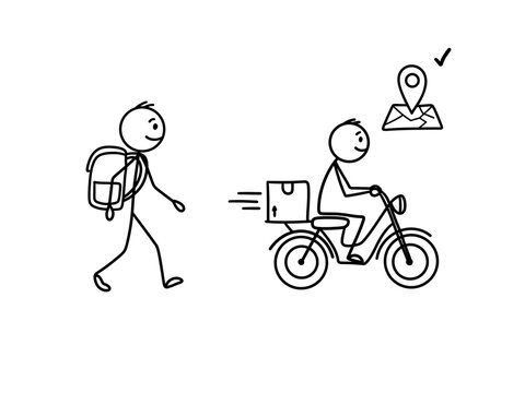 Stick figure courier riding motor scooter with parcel box and walking delivery man with backpack on transparent background. For fast shipping, route navigation, and express logistics service.