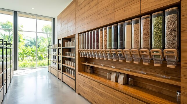 Zero Waste Grocery Store Interior: A modern zero-waste grocery store features wooden shelves filled with bulk bins of grains, seeds, and nuts.