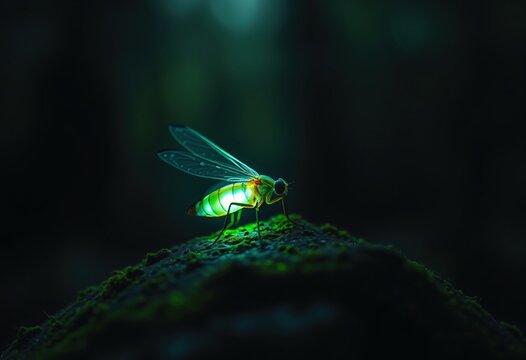 Glowing firefly insect shining in dark forest magical light closeup