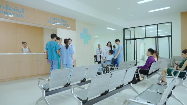 Hospital clinic waiting room reception nurse doctor patient wheelchair interior care feel modern bright clean calm with waiting moving helping gently proceeding quietly hopeful