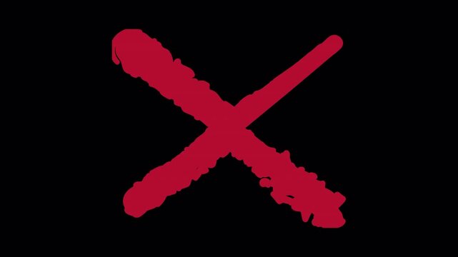 4K transparent alpha channel hand drawn red cross marker incorrect or error symbol animation video overlay