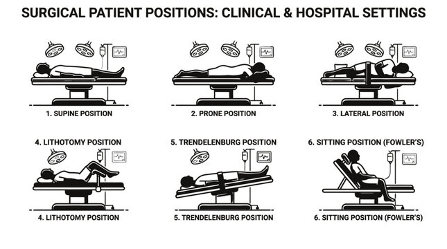 Medical illustration showing common surgical patient positions for hospital procedures and clinical surgery training