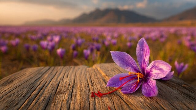 Saffron flower resting on a wooden surface with a blooming field and mountain landscape background purple crocus blooming flowers nature beauty