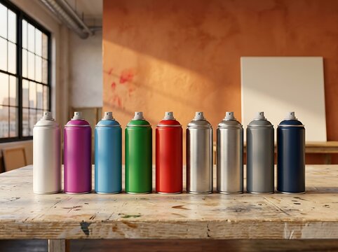 A row of colorful spray paint cans lined up on a wooden table in an artist studio with natural light.