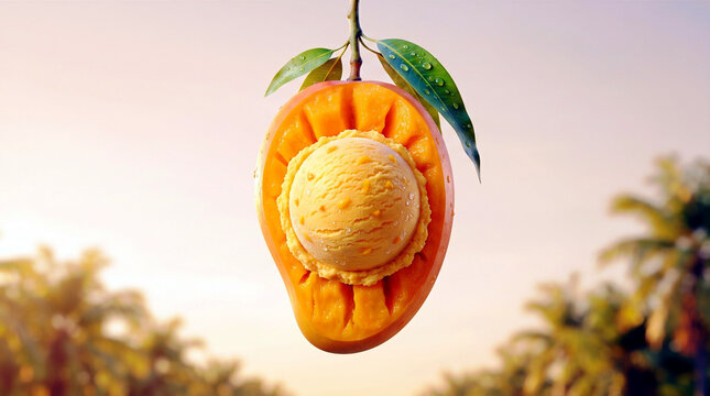 Fresh Mango Sorbet Scoop Inside a Sliced Mango Fruit