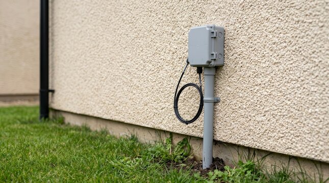 Fibre broadband installation featuring a gray termination box and conduit on a textured house exterior