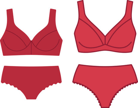 Two variations of red lingerie sets featuring matching bras and scalloped briefs displayed in flat vector design.