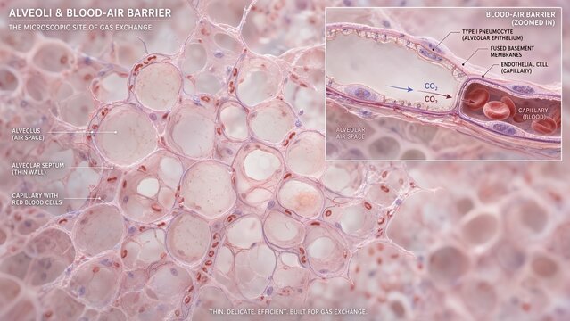 Histological section of lung tissue showing alveoli with thin-walled air sacs and capillaries in alveolar septa, with a zoomed inset of the blood-air barrier including type i pneumocytes