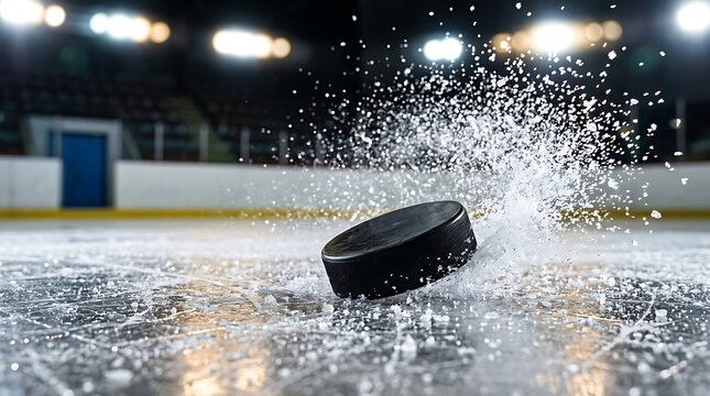 Close up action shot of hockey puck exploding with ice shards on rink during game under stadium lights.