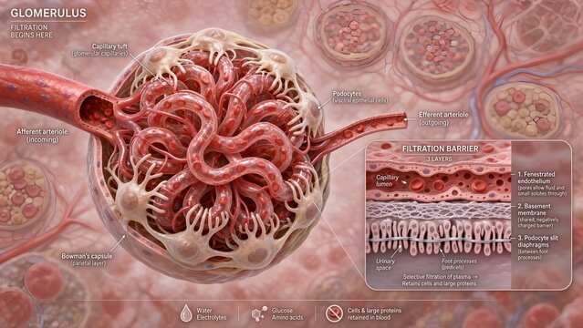 Renal glomerulus showing afferent and efferent arterioles, capillary tufts, and podocytes with foot processes, alongside a zoomed inset detailing the filtration barrier and slit diaphragms