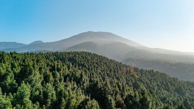 Aerial view of a lush green forest covering the slopes of a mountain under a clear blue sky in Sukabumi, West Java, Indonesia.