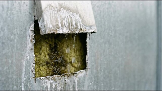 Water draining from a notched aluminum cladding penetration cutout with rough sheared edges and white salt staining