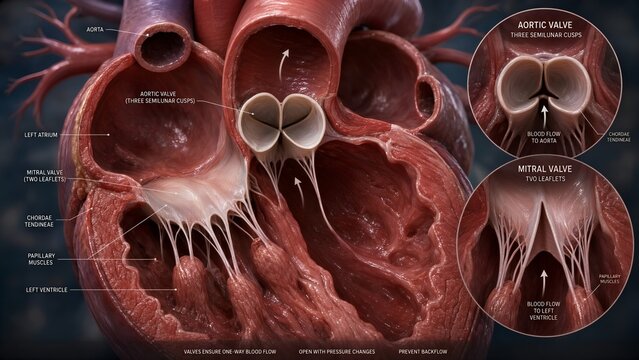 Anatomical view of heart valves showing semilunar cusps and mitral leaflets attached to supporting muscle structures, with a zoomed inset explaining the precise mechanics and flow direction