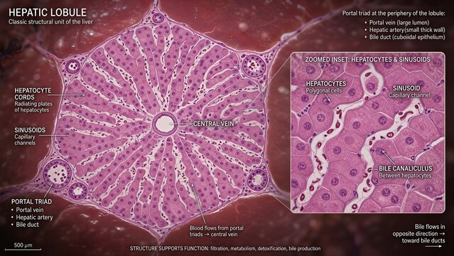 Histological section of the liver presenting a classic hepatic lobule with a central vein, hepatocyte cords, and peripheral portal triads, featuring a zoomed inset detailing hepatocytes and sinusoids