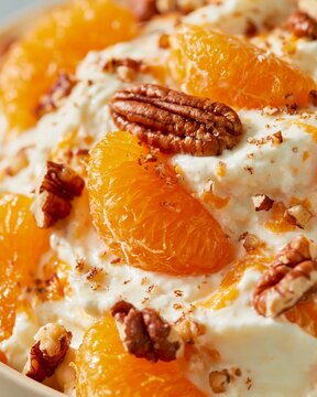 Macro detail shot of mandarin orange segments and pecans arranged in creamy dessert, showcasing vibrant colors and textures in a close-up view