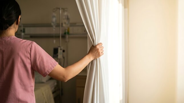 Rear view of brunette nurse in pink scrubs opening white curtain to inspect empty clinical bed and medical monitoring equipment in patient room with morning light.