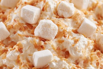 Obraz premium Macro detail shot of ambrosia salad featuring whipped cream, toasted coconut, and marshmallows on a textured surface, highlighting the ingredients and presentation style