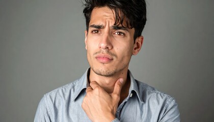 Fototapeta premium Young man touching neck suffering from sore throat pain.
