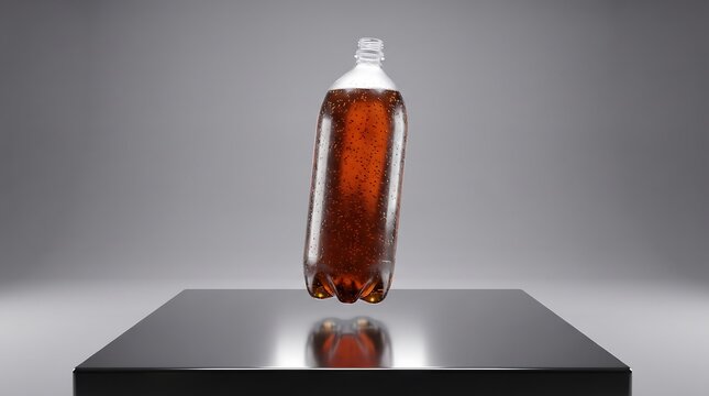 A 2 liter soda bottle filled with carbonated cola floating above a shiny black reflective surface