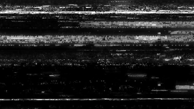Digital glitch screen effect with horizontal noise and static lines on a black background