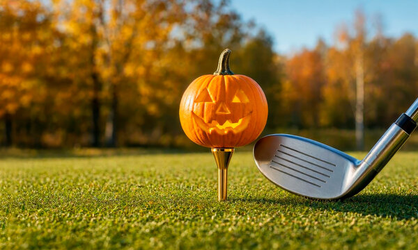 A Halloween pumpkin shaped like a golf ball with a club at the moment of impact. A fun game of Halloween golf.