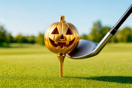 A Halloween pumpkin as a golf ball with a golf club at impact. A fun Halloween golf game.