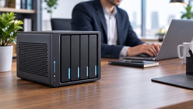 Four Bay Network Attached Storage Server Sitting on a Wooden Office Desk, Supporting Remote Work and Digital Data Security Measures