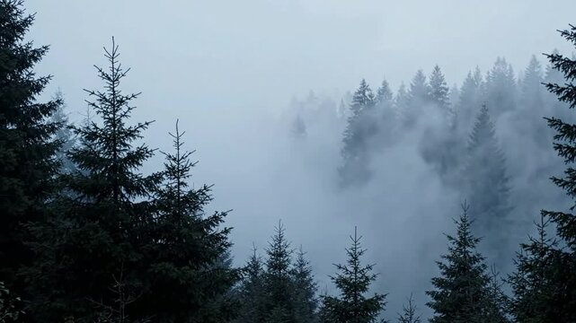 Ethereal misty pine forest at dawn: atmospheric coniferous woodland landscape with rolling fog and moody cinematic lighting