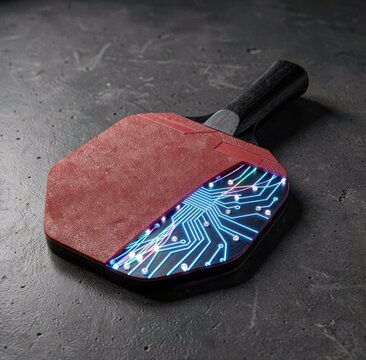 Futuristic red ping pong paddle with glowing circuits