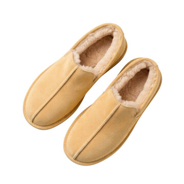 Warm slippers. Pair of beige suede slippers with warm wool lining on transparent background. Cozy winter footwear for home comfort and foot health.