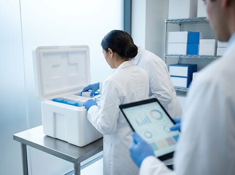 Female scientist inspecting insulated shipping container with medical vials while colleague monitors temperature data on tablet in biotechnology research laboratory.