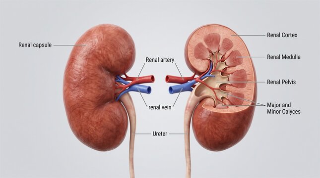Anatomical diagram of human kidneys with labeled internal structures on a white background