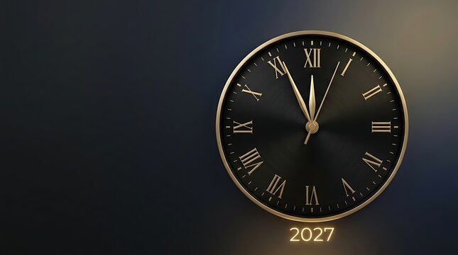 A beautifully detailed elegant pocket watch face shows the time moments before midnight on new years eve with a warm glow